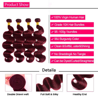 99J Burgundy Virgin Brazilian Body Wave Bundles