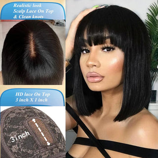 Middle Part 3X1 Hd Short Bob Lace Human Hair Wig With Bangs