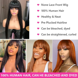 100% Human Hair Straight Wig With Bangs